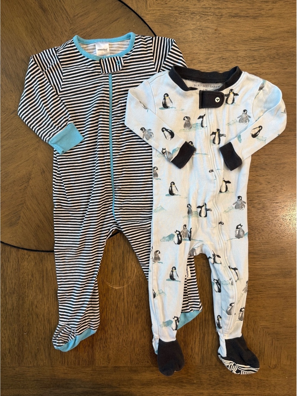 Set of 2 Baby Footed Pajamas - Striped and Penguin Print, Size 6-9 Months